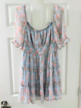 Trixxi Light Blue Floral Mini Dress with Pink Roses